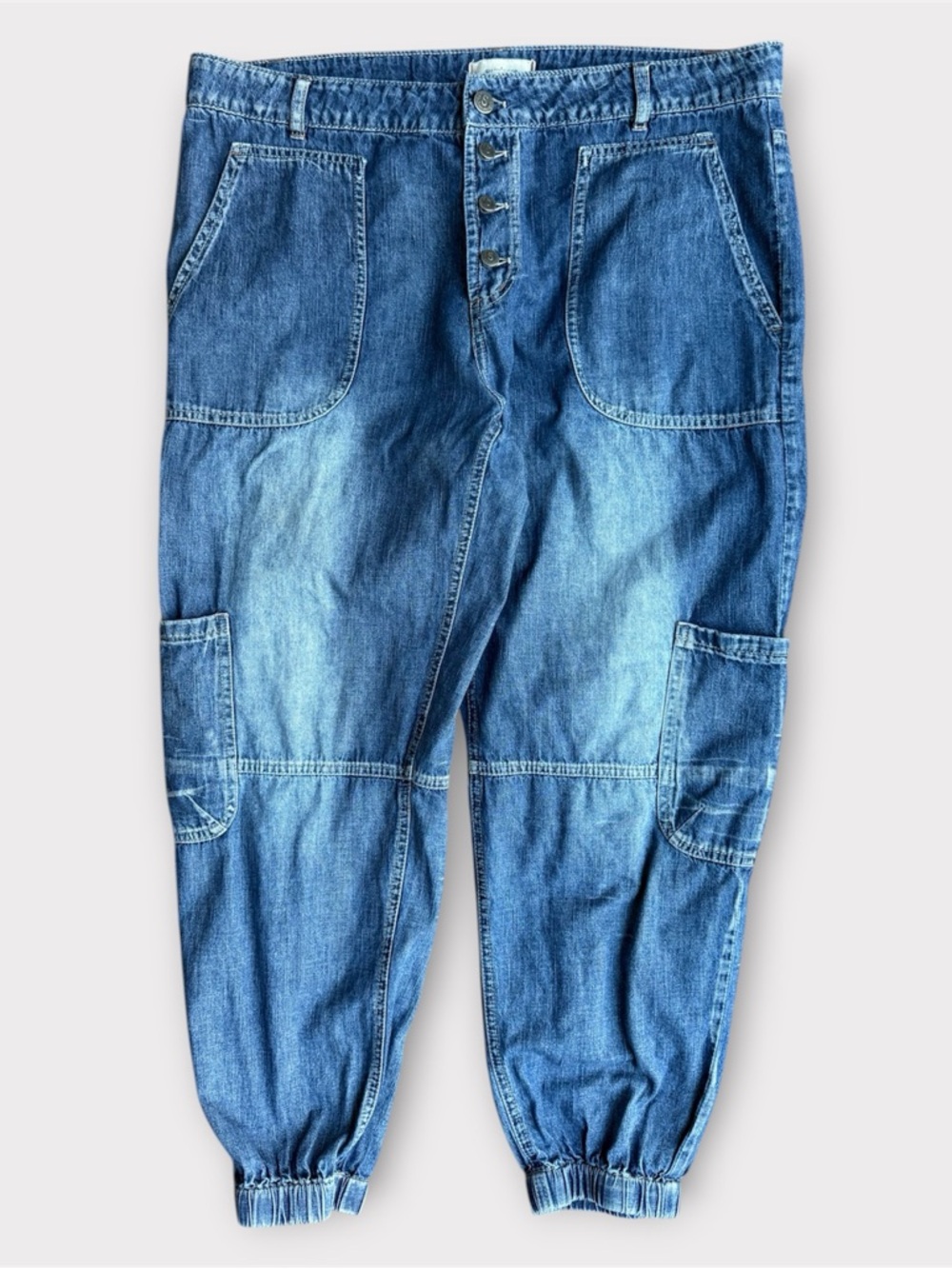 SUNDANCE Jolienne Lightweight Denim Cargo Jogger Pants Button Fly Size XL Petite